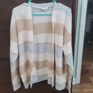 LOFT Striped Cardigan - Gray, Cream, and Tan